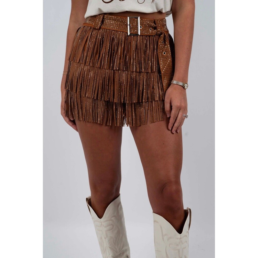 Blushing Brunette Brown Fringe Embellished Belted Mini Skirt Festival Western S